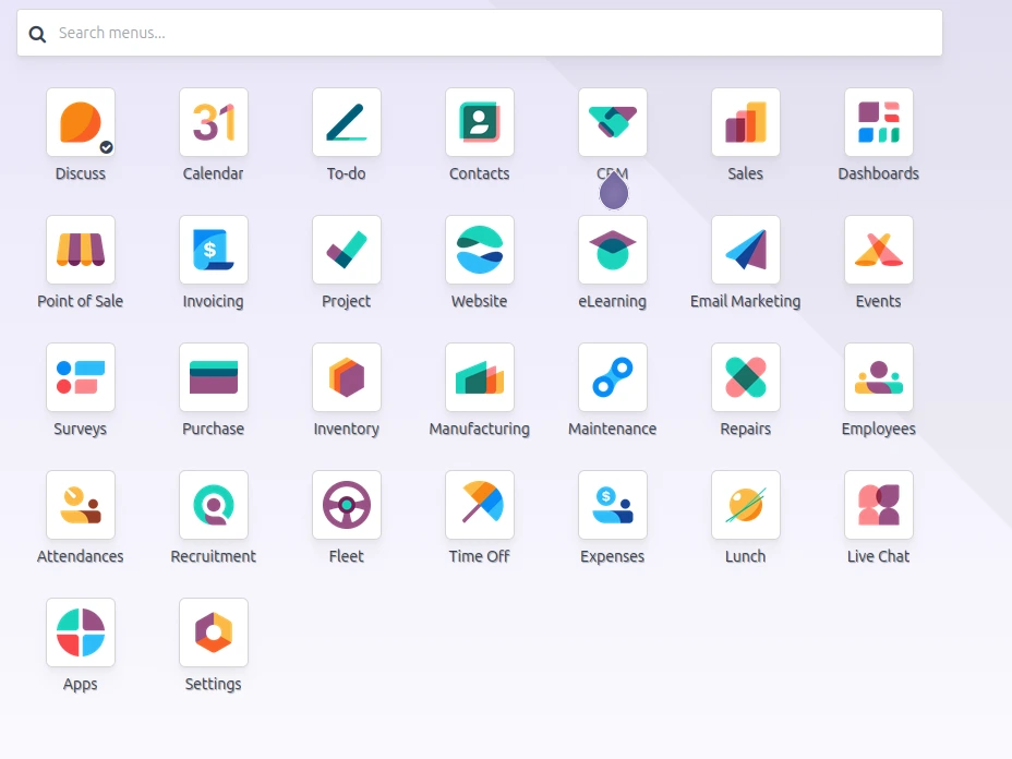 The Odoo home screen showing its business apps